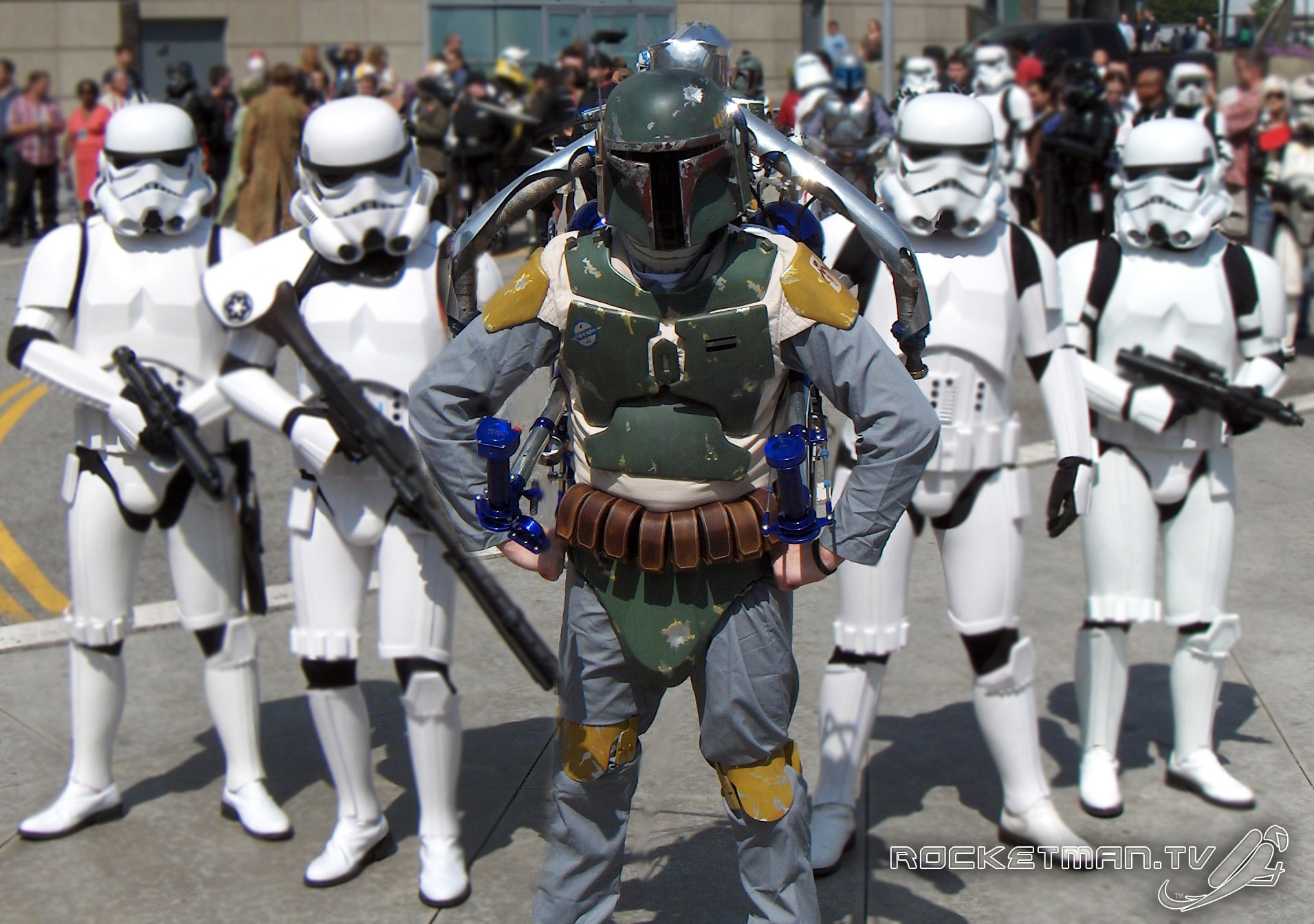 The Rocketman as Boba Fett surrounded by Stormtroopers