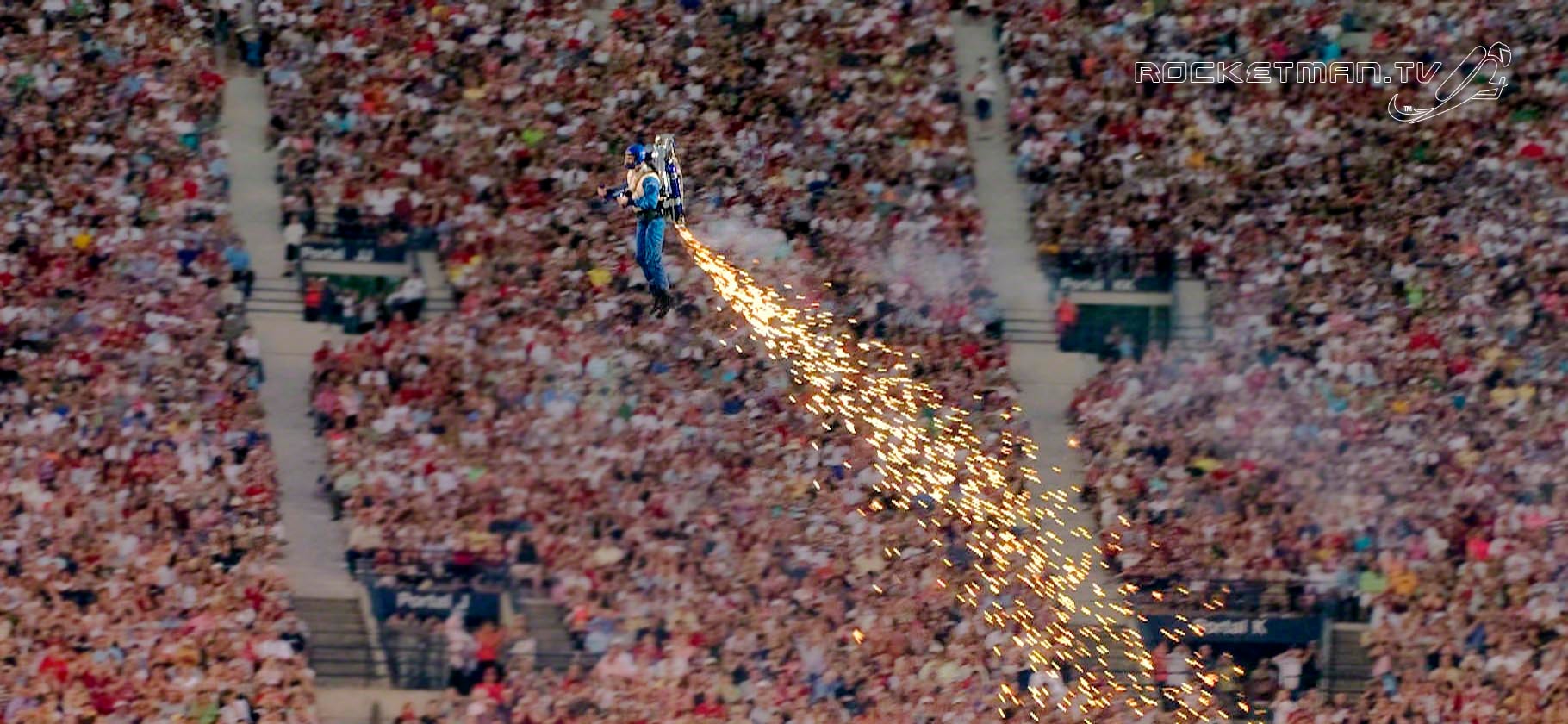 The Rocketman launching with a trail of sparks at Stadium of Fire