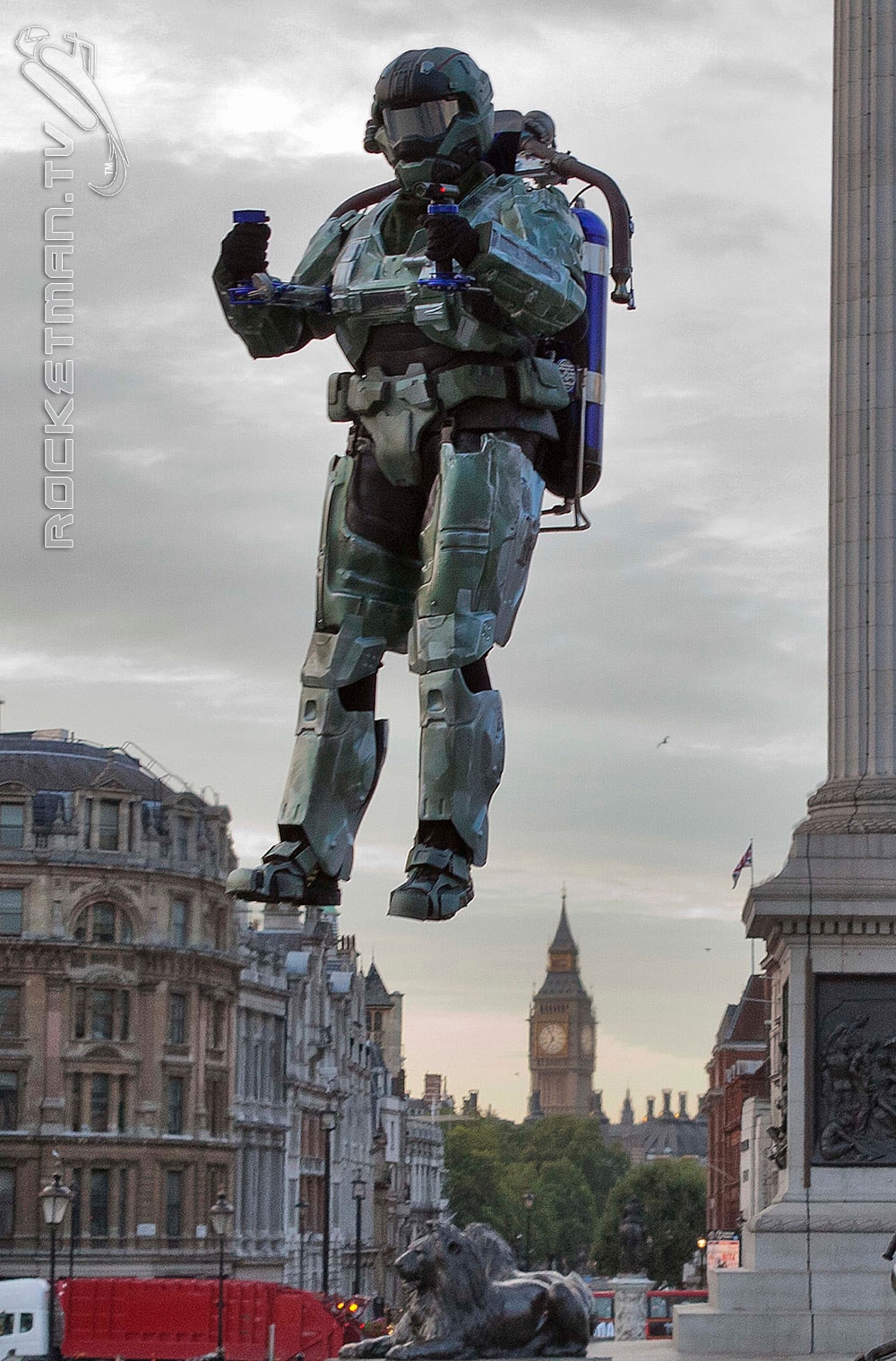 The Rocketman as a Halo Spartan flying over London with Big Ben