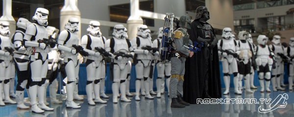 The Rocketman as Boba Fett lined up with Stormtroopers and Darth Vader