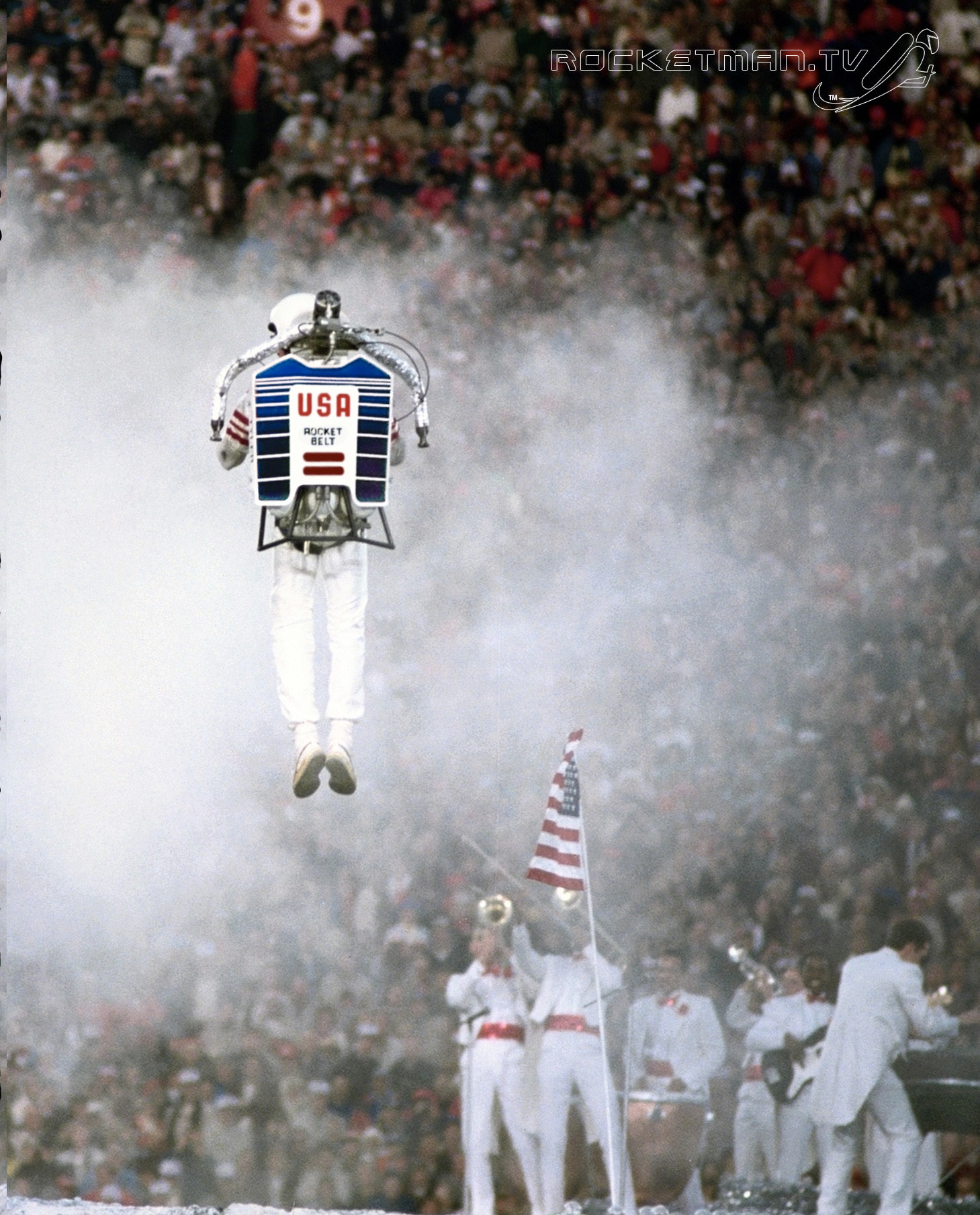 Historic USA Rocket Belt flight at a packed stadium