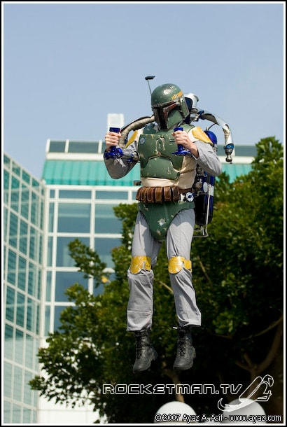 The Rocketman as Boba Fett in flight above a city