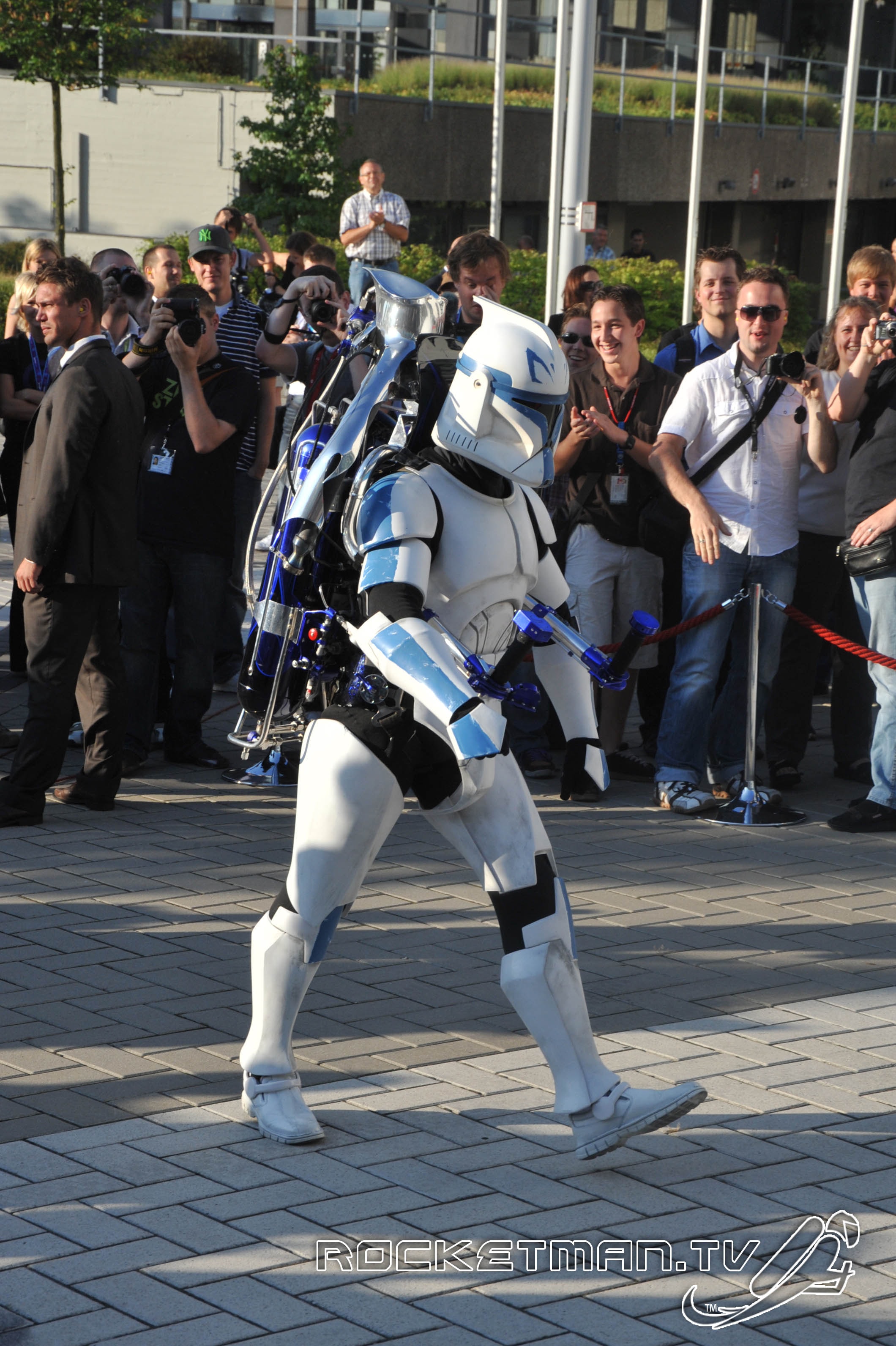 The Rocketman as a Clone Trooper with rocketbelt at a public event